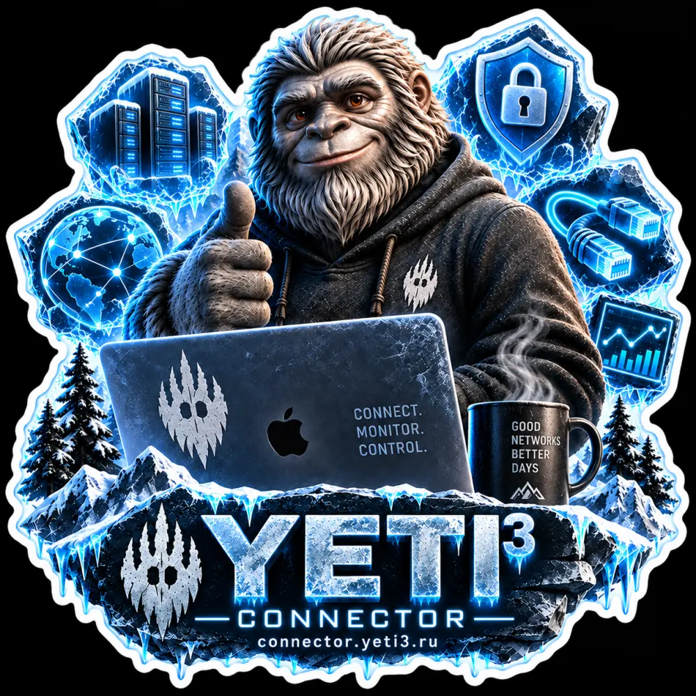 Йети YETI³ Connector в окружении символов сетей, серверов и защиты